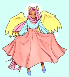 Size: 1354x1522 | Tagged: artist:alvrexadpot, blushing, clothes, derpibooru import, eared humanization, eyes closed, fluttershy, halo, hijab, human, humanized, islam, islamashy, jewelry, long skirt, necklace, religion, safe, see-through, skirt, solo, tail, tailed humanization, winged humanization, wings