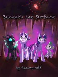 Size: 900x1200 | Tagged: safe, artist:racingwolf, derpibooru import, spike, starlight glimmer, thorax, twilight sparkle, twilight sparkle (alicorn), alicorn, changeling, dragon, pony, unicorn, fanfic:beneath the surface, cave, horn, stalactite, wings