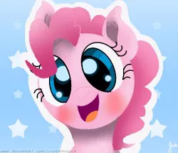 Size: 370x320 | Tagged: safe, artist:crystalmagic6, derpibooru import, pinkie pie, earth pony, pony, blue background, blushing, bust, cute, female, looking at you, mare, open mouth, simple background, smiling, solo, stars