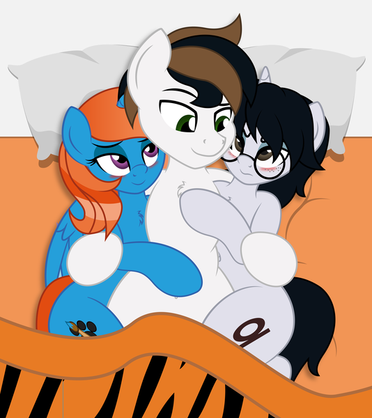 Size: 5904x6634 | Tagged: safe, artist:digiqrow, deleted from derpibooru, derpibooru import, oc, oc:corvinia, oc:jonas fletcher, oc:sunrise sparkle, unofficial characters only, alicorn, semi-anthro, unicorn, alicorn oc, bed, bedsheets, blushing, female, glasses, grumpy, harem, horn, hug, hug sandwich, implied group sex, implied sex, implied threesome, lucky bastard, male, pillow, snuggling, straight, wings