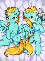 Size: 430x580 | Tagged: safe, artist:theparagon, derpibooru import, lightning dust, pegasus, pony, bed, bedroom eyes, best pony, blanket, body pillow, body pillow design, butt, clothes, commission, cute, dustabetes, female, goggles, grin, hooves, looking at you, looking back, looking back at you, lying down, mare, plot, rear view, sexy, smiling, solo, spreading, spread legs, sunglasses, underhoof, uniform, watermark, wonderbolts, wonderbolts uniform, yellow eyes