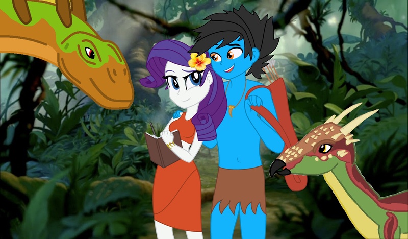 Size: 4373x2560 | Tagged: safe, artist:ds59, derpibooru import, rarity, oc, oc:dragun shot, dinosaur, equestria girls, amargasaurus, arrow, book, bracelet, canon x oc, collar, couple, dracorex, drarity, flower, flower in hair, jewelry, jungle, jungle girl, loincloth, pencil, quiver, tarzan