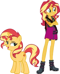 Size: 3460x4229 | Tagged: safe, artist:caliazian, artist:famousmari5, artist:quanxaro, derpibooru import, part of a set, sunset shimmer, human, pony, unicorn, equestria girls, boots, clothes, crossed arms, female, geode of empathy, high heel boots, human ponidox, magical geodes, mare, palette swap, recolor, self ponidox, shoes, simple background, skirt, smiling, transparent background, vector