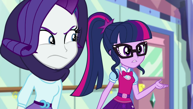 Size: 1920x1080 | Tagged: safe, derpibooru import, screencap, rarity, sci-twi, twilight sparkle, dance magic, equestria girls, spoiler:eqg specials, :s, angry, bowtie, crystal prep academy, discovery family logo, duo, duo female, female, glasses, hallway, ponytail, rarity is not amused, shawl, unamused, wavy mouth