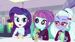 Size: 1920x1080 | Tagged: safe, derpibooru import, screencap, rarity, sugarcoat, sunny flare, dance magic, equestria girls, spoiler:eqg specials, bow, bracelet, clothes, crystal prep academy uniform, cute, discovery family logo, drink, drinking straw, female, food, glasses, jewelry, orange, pigtails, raribetes, school uniform, smiling, sunny flare's wrist devices, trio, trio female, twintails