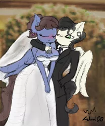 Size: 1000x1200 | Tagged: anthro, artist:achmeddb, blushing, chest fluff, clothes, couple, derpibooru import, dress, ear fluff, eyes closed, kissing, kiss on the cheek, marriage, oc, oc:aced bracing, oc:blue violet, safe, signature, sketch, soft color, tuxedo, unofficial characters only, viocing, wedding, wedding dress