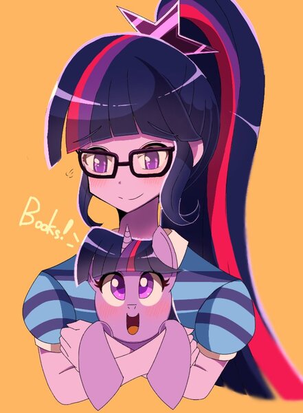 Size: 735x999 | Tagged: safe, artist:erufi, derpibooru import, sci-twi, twilight sparkle, alicorn, pony, equestria girls, equestria girls series, book, cute, female, glasses, holding a pony, mare, solo, that pony sure does love books, twiabetes