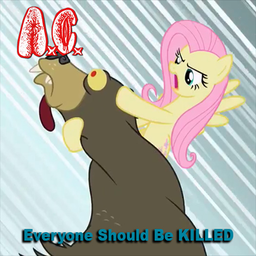 Size: 525x525 | Tagged: semi-grimdark, derpibooru import, edit, edited screencap, screencap, fluttershy, harry, bear, pony, lesson zero, album cover, anal cunt, grindcore, parody