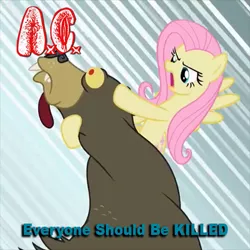 Size: 525x525 | Tagged: semi-grimdark, derpibooru import, edit, edited screencap, screencap, fluttershy, harry, bear, pony, lesson zero, album cover, anal cunt, grindcore, parody