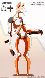 Size: 1280x2220 | Tagged: safe, artist:mopyr, derpibooru import, oc, anthro, cyborg, black tongue, breasts, design, featureless breasts, female, four arms, katana, logo, praying, science fiction, solo, sword, thigh gap, tongue out, weapon