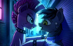 Size: 1700x1080 | Tagged: safe, artist:adagiostring, derpibooru import, pinkie pie, oc, oc:romuald nocturne, bat pony, pony, bracelet, canon x oc, clothes, collar, costume, cyberpunk, female, glowing eyes, implants, looking at each other, male, mare, punk, punkie pie, shipping, spiked collar, spiked wristband, street, wristband