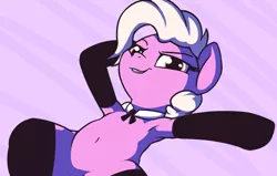 Size: 1180x751 | Tagged: suggestive, artist:wenni, derpibooru import, grace manewitz, pony, semi-anthro, armpits, bedroom eyes, belly button, clothes, female, grace manewitz is an armpit slut, hooves behind head, looking at you, mare, on back, simple background, smiling, socks, solo, solo female, thigh highs