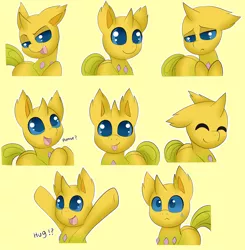 Size: 1280x1306 | Tagged: safe, artist:pegamutt, derpibooru import, oc, oc:ren the changeling, unofficial characters only, changedling, changeling, changedling oc, changeling oc, cute, ocbetes, sticker set, telegram sticker, yellow changeling