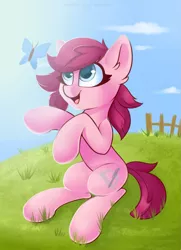 Size: 1535x2126 | Tagged: safe, artist:shadowreindeer, derpibooru import, oc, oc:holivi, unofficial characters only, butterfly, earth pony, pony, cloud, cute, eyelashes, female, fence, grass, mare, open mouth, sitting, sky, smiling, solo