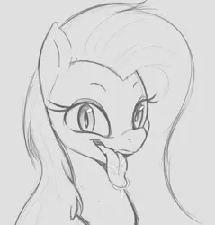 Size: 662x693 | Tagged: safe, artist:tre, derpibooru import, fluttershy, pony, bust, drool, female, grayscale, looking at you, mare, monochrome, open mouth, simple background, smiling, tongue out