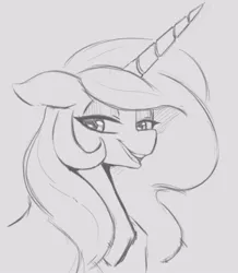 Size: 474x543 | Tagged: safe, artist:tre, derpibooru import, princess celestia, pony, bust, female, grayscale, looking at you, mare, monochrome, open mouth, portrait, simple background, smiling, solo