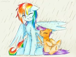 Size: 2018x1513 | Tagged: safe, artist:liaaqila, derpibooru import, rainbow dash, scootaloo, pegasus, pony, chest fluff, cute, cutealoo, dashabetes, ear fluff, eyes closed, female, filly, floppy ears, fluffy, grin, hnnng, leg fluff, liaaqila is trying to murder us, mare, one wing out, rain, scootalove, shoulder fluff, simple background, sisterly love, sitting, smiling, spread wings, traditional art, underhoof, wet, wet mane, white background, wing fluff, wing umbrella, wings