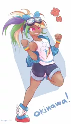 Size: 1170x2048 | Tagged: artist:noupu, clothes, derpibooru import, female, goggles, human, humanized, jacket, kotobukiya, kotobukiya rainbow dash, okinawan dash, rainbow dash, safe, shirt, shorts, solo