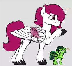 Size: 1200x1105 | Tagged: safe, artist:trefoiler, derpibooru import, oc, oc:dr.heart, oc:emerald beats, unofficial characters only, pegasus, pony, comparison, eyes on the prize, female, filly, folded wings, gray background, looking back, macro, male, my big pony, preview, profile, raised hoof, simple background, size comparison, size difference, stallion, standing, two toned wings, waving, wings, wip