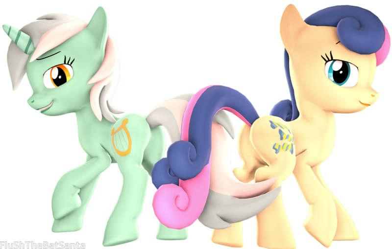 Size: 4088x2602 | Tagged: safe, artist:flushthebatsanta, derpibooru import, bon bon, lyra heartstrings, sweetie drops, earth pony, pony, unicorn, 3d, butt, female, intertwined tails, lesbian, looking at you, looking back, looking back at you, lyrabon, mare, open mouth, plot, raised hoof, shipping, simple background, smiling, source filmmaker, tail, transparent background