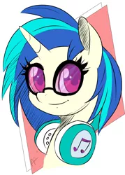 Size: 1862x2602 | Tagged: safe, artist:shelltoon, derpibooru import, vinyl scratch, pony, unicorn, bust, female, glasses, headphones, portrait, simple background, smiling, solo