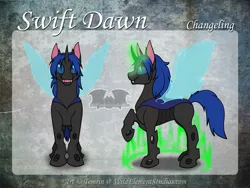 Size: 900x675 | Tagged: safe, artist:temrin, derpibooru import, oc, oc:swift dawn, unofficial characters only, changeling, pony, blue changeling, blue eyes, changeling oc, commission, digital art, fangs, glowing horn, horn, magic, male, reference sheet, simple background, smiling, solo, watermark