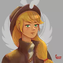 Size: 2000x2000 | Tagged: applejack, artist:ronni, bust, clothes, cowboy hat, derpibooru import, fallout equestria, fanfic art, female, hat, human, humanized, logo, looking at you, ministry mares, ministry of wartime technology, portrait, safe, simple background, solo