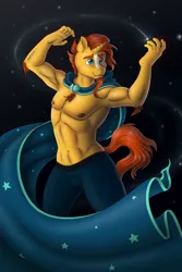 Size: 2500x3750 | Tagged: suggestive, artist:anadukune, derpibooru import, sunburst, anthro, unicorn, armpits, belly button, buff, cape, chest fluff, clothes, elbow fluff, male, muscles, partial nudity, smiling, solo, solo male, stupid sexy sunburst, sunburst gets all the mares, sunburst gets all the stallions, tail, topless, wizard