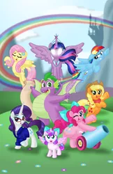 Size: 1024x1583 | Tagged: adult, adult spike, alicorn, applejack, artist:aleximusprime, canterlot, canterlot castle, chubbie pie, chubby, chubby spike, derpibooru import, dragon, fat, fat spike, female, filly, flower, flower in hair, fluttershy, glasses, mane seven, mane six, older, older spike, party cannon, pinkie pie, princess flurry heart, pudgy pie, rainbow, rainbow dash, rarity, safe, spike, twilight sparkle, twilight sparkle (alicorn), winged spike, younger