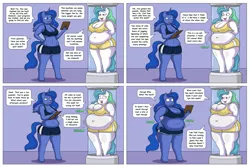 Size: 6600x4400 | Tagged: anthro, artist:lordstormcaller, belly, belly button, big belly, blatant lies, bra, breasts, cake, cakelestia, chocoluna, chubbylestia, clipboard, clothes, comic, denial, derpibooru import, fat, food, hiccups, lies, luna loves chocolate, machine, morbidly obese, obese, princess celestia, princess luna, princess moonpig, series:the royal sisters saga, shorts, speech bubble, sports bra, stomach noise, suggestive, that pony sure does love cakes, that pony sure does love chocolate, underwear, weight gain, workout outfit, wtf