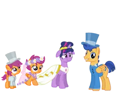 Size: 1024x768 | Tagged: safe, artist:turnaboutart, derpibooru import, flash sentry, scootaloo, twilight sparkle, pegasus, pony, unicorn, adopted offspring, alternate universe, alternate universe of an alternate universe, base used, clothes, dress, female, flashlight, floppy ears, flower, flower filly, flower girl, flower girl dress, hat, male, marriage, rule 63, scooteroll, shipping, straight, suit, top hat, tuxedo, wedding, wedding dress