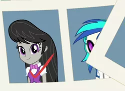 Size: 433x313 | Tagged: safe, derpibooru import, screencap, octavia melody, vinyl scratch, equestria girls, equestria girls series, forgotten friendship, cropped, female, looking at you, photo, smiling, yearbook