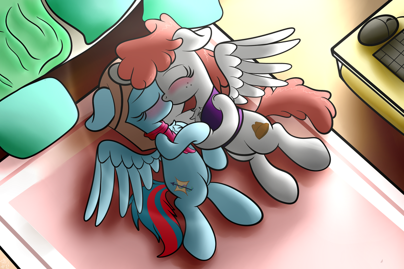 Size: 3000x2000 | Tagged: safe, artist:kimjoman, derpibooru import, oc, oc:aurora breeze, oc:graph travel, unofficial characters only, pegasus, pony, aviator goggles, aviator hat, bed, blushing, chest fluff, clothes, computer mouse, eyes closed, female, floppy ears, freckles, goggles, hat, keyboard, kissing, lesbian, making out, mare, oc x oc, pillow, scarf, shipping, side, spread wings, vest, wingboner, wings