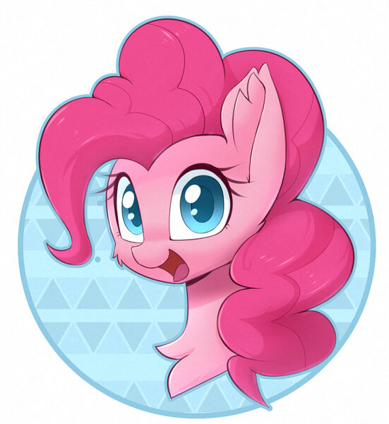 Size: 1280x1393 | Tagged: safe, artist:puetsua, derpibooru import, pinkie pie, earth pony, pony, abstract background, bust, cheek fluff, chest fluff, colored pupils, cute, diapinkes, ear fluff, female, mare, open mouth, portrait, simple background, smiling, solo, white background