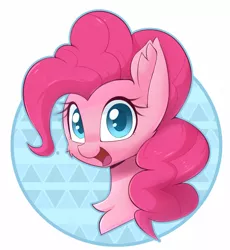 Size: 1280x1393 | Tagged: safe, artist:puetsua, derpibooru import, pinkie pie, earth pony, pony, abstract background, bust, cheek fluff, chest fluff, colored pupils, cute, diapinkes, ear fluff, female, mare, open mouth, portrait, simple background, smiling, solo, white background