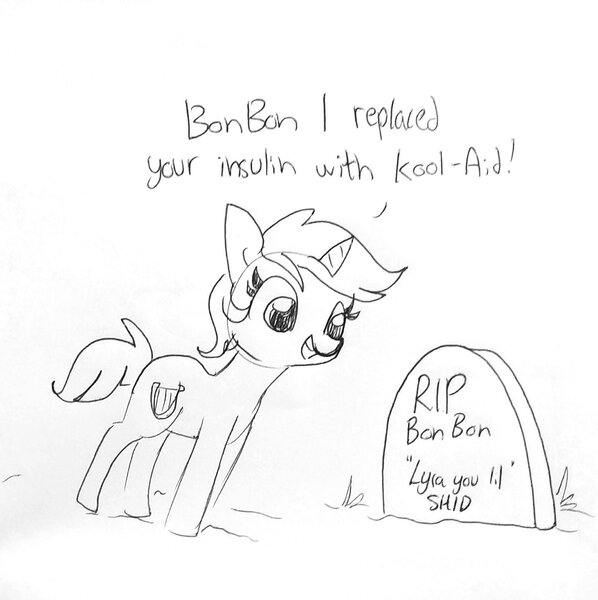 Size: 1417x1421 | Tagged: safe, artist:tjpones, derpibooru import, lyra heartstrings, pony, unicorn, black and white, dark comedy, diabetes, dialogue, epitaph, female, gravestone, grayscale, grin, implied bon bon, implied death, implied murder, implied sweetie drops, it's just a prank bro, l.u.l.s., lineart, literal diabetes, mare, monochrome, murder, open mouth, prank gone wrong, rest in peace, simple background, sketch, smiling, solo, text, this ended in death, u lil shid, wat, we are going to hell, white background