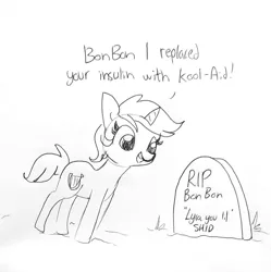 Size: 1417x1421 | Tagged: safe, artist:tjpones, derpibooru import, lyra heartstrings, pony, unicorn, black and white, dark comedy, diabetes, dialogue, epitaph, female, gravestone, grayscale, grin, implied bon bon, implied death, implied murder, implied sweetie drops, it's just a prank bro, l.u.l.s., lineart, literal diabetes, mare, monochrome, murder, open mouth, prank gone wrong, rest in peace, simple background, sketch, smiling, solo, text, this ended in death, u lil shid, wat, we are going to hell, white background