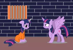 Size: 1098x748 | Tagged: safe, artist:decprincess, artist:stephen-fisher, derpibooru import, twilight sparkle, twilight sparkle (alicorn), alicorn, pony, unicorn, angry, clothes, duality, horn, horn cap, jail, magic suppression, prison, prison outfit, prisoner ts, sad, self ponidox, unicorn twilight, vector