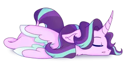 Size: 1850x950 | Tagged: safe, artist:lolwise, derpibooru import, starlight glimmer, alicorn, pony, alicornified, black background, colored wings, colored wingtips, cute, eyes closed, female, floppy ears, glimmerbetes, horn, leonine tail, long horn, mare, race swap, simple background, sleeping, solo, starlicorn, transparent background, wings, xk-class end-of-the-world scenario