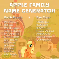 Size: 690x690 | Tagged: safe, derpibooru import, official, applejack, earth pony, pony, birthday game, crossed hooves, exploitable meme, eye color, female, hat, mare, meme, name, official art, solo, stock image, sweet apple acres, text