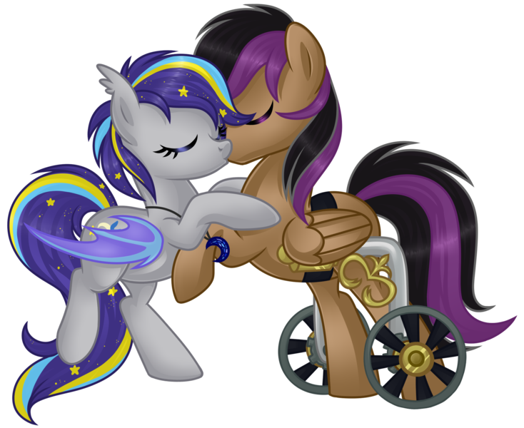 Size: 2142x1752 | Tagged: safe, artist:crystal-tranquility, derpibooru import, stellar eclipse, oc, oc:night lark, bat pony, pegasus, pony, canon x oc, eyes closed, female, kissing, male, mare, shipping, simple background, stallion, stellarnight, straight, transparent background, wheelchair