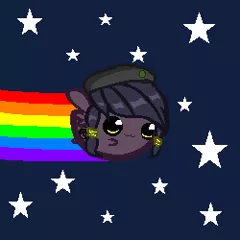 Size: 250x250 | Tagged: safe, artist:deko4ka, derpibooru import, oc, oc:mir, unofficial characters only, pegasus, pony, beret, female, hair wrap, hat, nyan cat, pixel art, rainbow, solo, stars