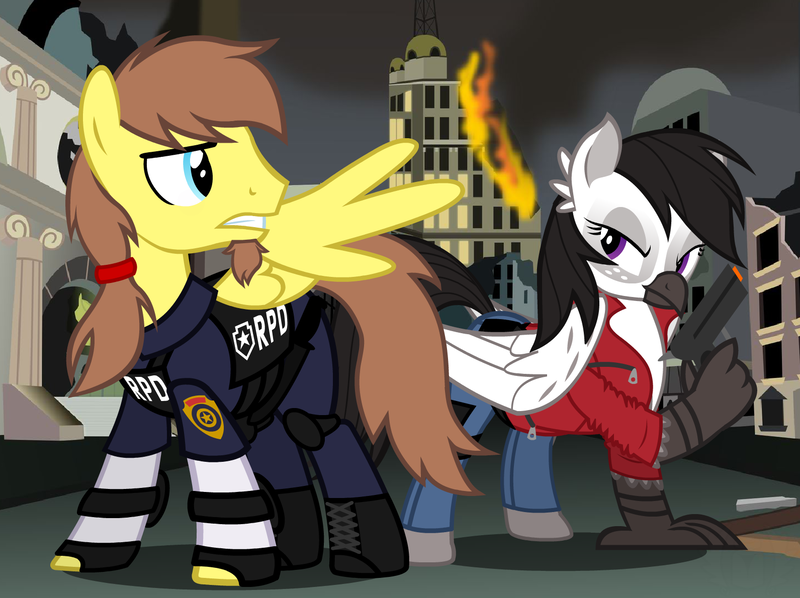 Size: 1591x1190 | Tagged: safe, artist:flash equestria photography, derpibooru import, oc, oc:glace plume, oc:rory kenneigh, unofficial characters only, classical hippogriff, hippogriff, pegasus, pony, beard, burning, claire redfield, clothes, cosplay, costume, destruction, facial hair, glaceigh, jacket, leather jacket, leon s. kennedy, ponytail, resident evil, toy gun