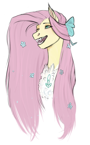 Size: 559x902 | Tagged: safe, artist:penrosa, derpibooru import, fluttershy, pony, alternate hairstyle, bow, bust, chest fluff, ear fluff, fangs, female, flower, flower in hair, hair bow, long hair, mare, one eye closed, simple background, slit eyes, solo, white background