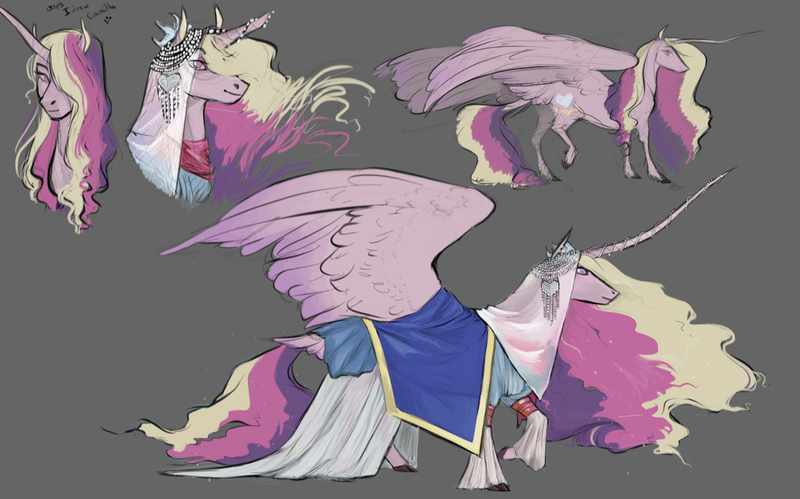 Size: 1600x997 | Tagged: safe, artist:penrosa, derpibooru import, princess cadance, alicorn, pony, alternate design, clothes, crown, cutie mark, dress, ethereal mane, female, gray background, headcanon in the description, headdress, horn, horn jewelry, image, jewelry, large wings, long horn, looking at you, mare, medieval, missing accessory, png, raised hoof, regalia, shawl, simple background, solo, spread wings, stray strand, tail feathers, twitterina design, walking, wings