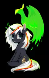 Size: 1280x2020 | Tagged: safe, artist:switchsugar, derpibooru import, oc, oc:pyrelight, oc:velvet remedy, balefire phoenix, bird, phoenix, pony, unicorn, fallout equestria, fanfic, cutie mark, fanfic art, female, grin, hooves, horn, looking at you, magic, mare, simple background, sitting, smiling