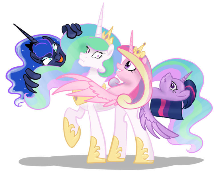 Size: 1294x1024 | Tagged: safe, artist:inersdraco, derpibooru import, princess cadance, princess celestia, princess luna, twilight sparkle, twilight sparkle (alicorn), alicorn, pony, budding, butt, female, mare, multiple heads, mutant, simple background, transparent background, twibutt, wat, weird, what has magic done, wing hands, wings