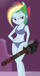 Size: 885x1702 | Tagged: semi-grimdark, suggestive, artist:darkplayerferraz269, artist:grapefruitface1, derpibooru import, rainbow dash, equestria girls, the cutie re-mark, base used, bikini, breasts, clothes, female, looking to side, minigun, mountain, solo, solo female, swimsuit, torn ear, weapon