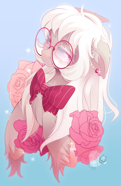 Size: 1950x3000 | Tagged: safe, artist:zombie, derpibooru import, oc, oc:nemo von silver, unofficial characters only, pony, big glasses, bowtie, ear fluff, ear piercing, earring, flower, glasses, glitter, jewelry, long hair, long mane, male, piercing, rose, simple background, solo, sparkles, stallion, unshorn fetlocks