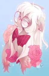 Size: 1950x3000 | Tagged: safe, artist:zombie, derpibooru import, oc, oc:nemo von silver, unofficial characters only, pony, big glasses, bowtie, ear fluff, ear piercing, earring, flower, glasses, glitter, jewelry, long hair, long mane, male, piercing, rose, simple background, solo, sparkles, stallion, unshorn fetlocks